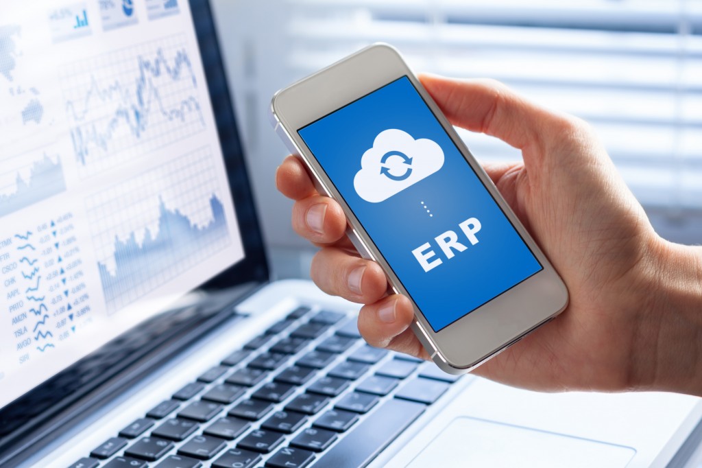 ERP app on smartphone screen connecting data with cloud computing