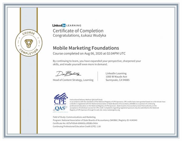 Wudyka Łukasz certyfikat LinkedIn – Mobile Marketing Foundations.