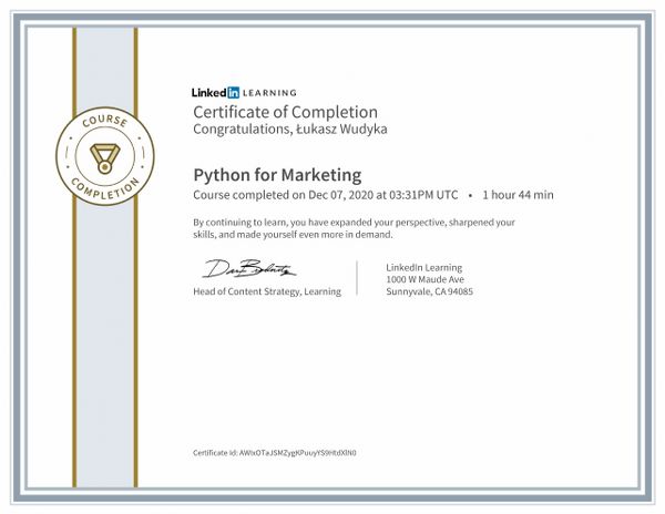 Wudyka Łukasz certyfikat LinkedIn – Python for Marketing.
