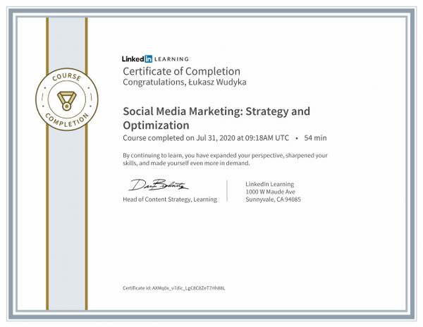 Wudyka Łukasz certyfikat LinkedIn – Social Media Marketing: Strategy and Optimization.