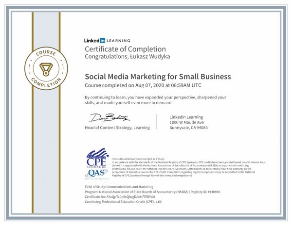 Wudyka Łukasz certyfikat LinkedIn – Social Media Marketing for Small Business.
