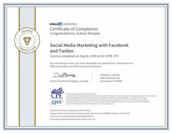 Wudyka Łukasz certyfikat LinkedIn – Social Media Marketing with Facebook and Twitter.