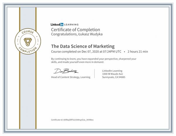 Wudyka Łukasz certyfikat LinkedIn – The Data Science of Marketing.