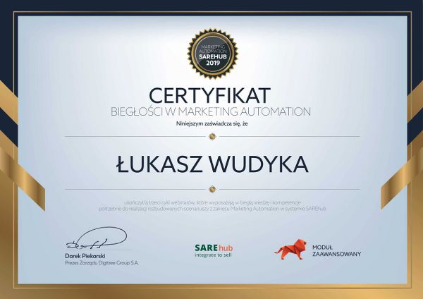 Wudyka Łukasz certyfikat SAREhub – Marketing Automation.