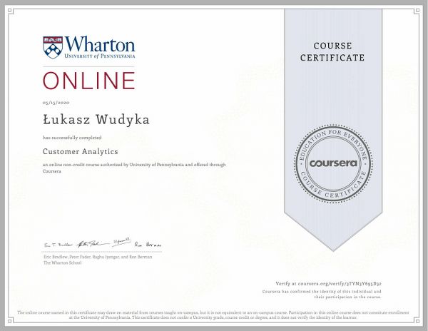 Wudyka Łukasz certyfikat Coursera – Customer Analytics.