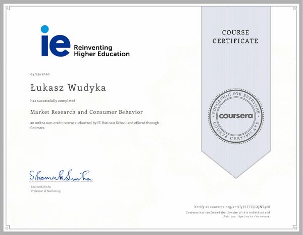 Wudyka Łukasz certyfikat Coursera – Marketing Research and Consumer Behavior.