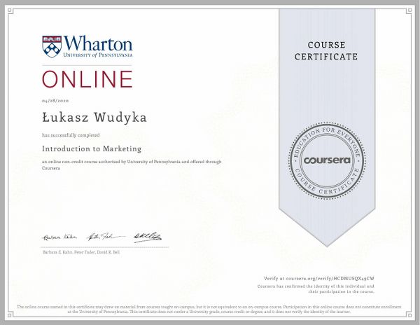 Wudyka Łukasz certyfikat Coursera – Introduction to Marketing.