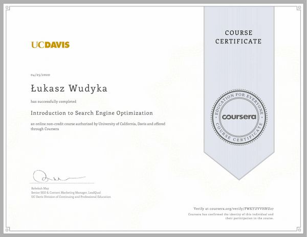 Wudyka Łukasz certyfikat Coursera – Introduction to Search Engine Optimization.