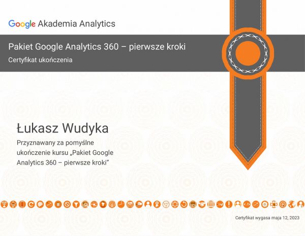 Wudyka Łukasz certyfikat Google – Pakiet Google Analytics 360 – pierwsze kroki.
